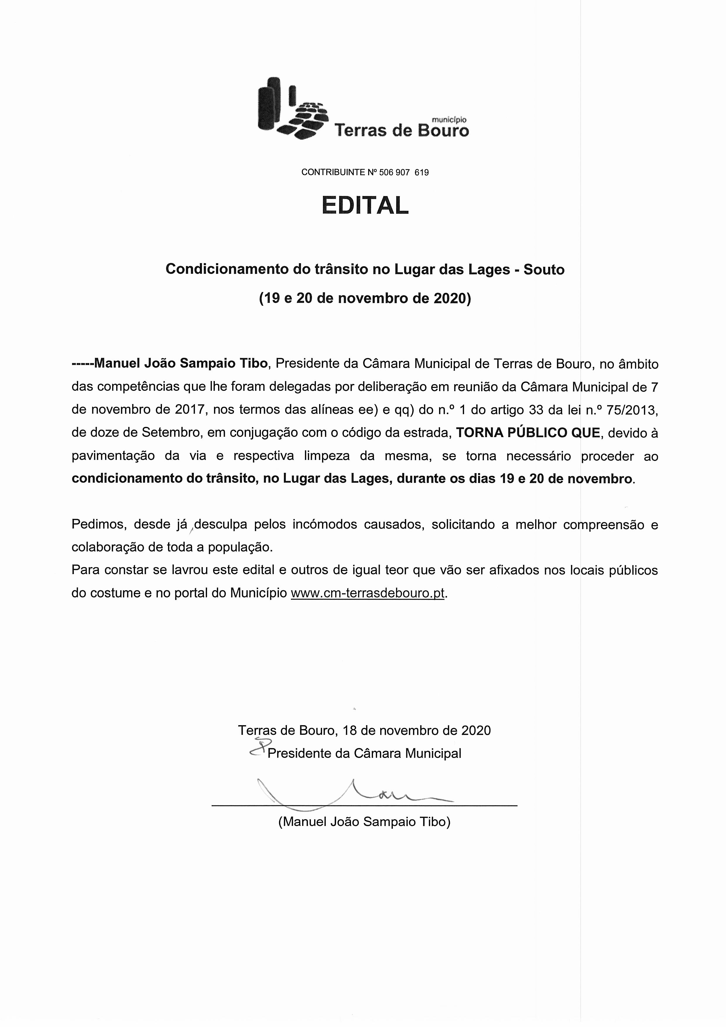 EDITAL Condicionamento do trânsito no Lugar das Lages Souto